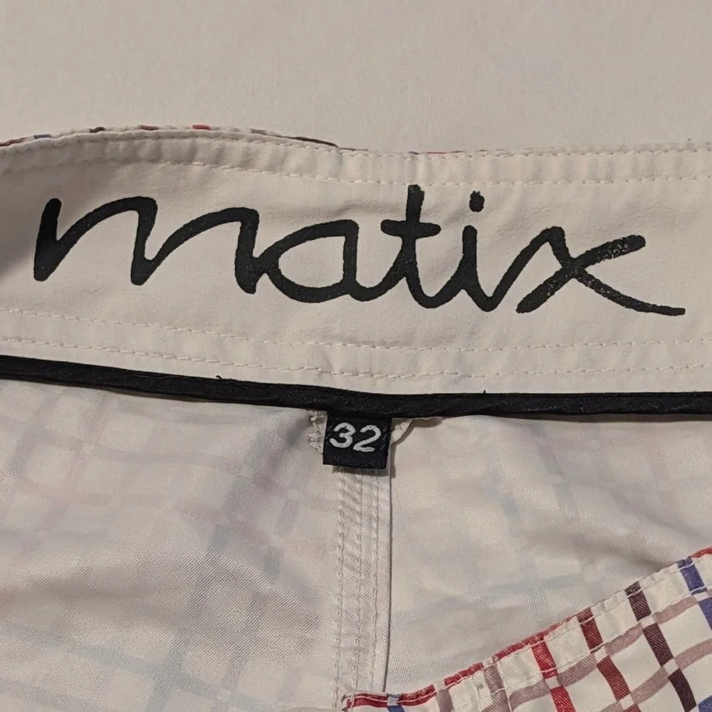 Matix Mens Board Shorts Size 32 White Red Blue Grid Plaid Swim Trunks Surf